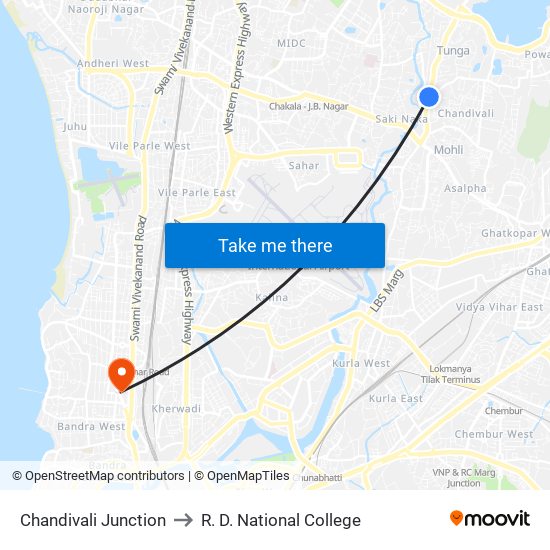 Chandivali Junction to R. D. National College map