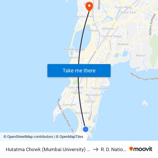 Hutatma Chowk (Mumbai University) / हुतात्मा चौक (मुंबई विद्यापीठ) to R. D. National College map