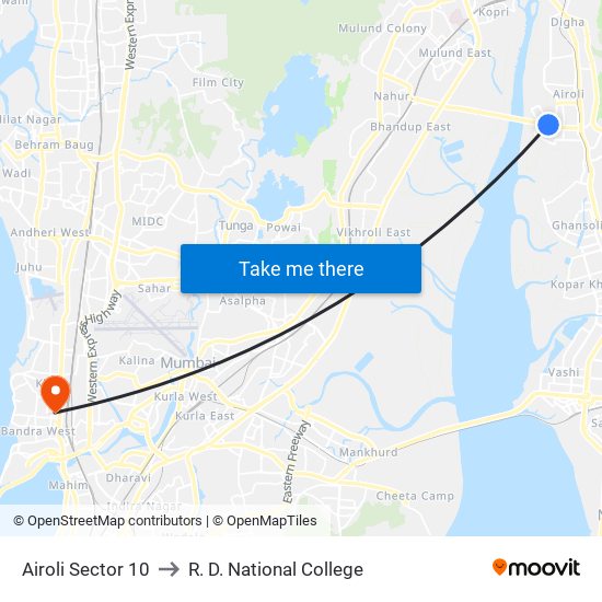 Airoli Sector 10 to R. D. National College map