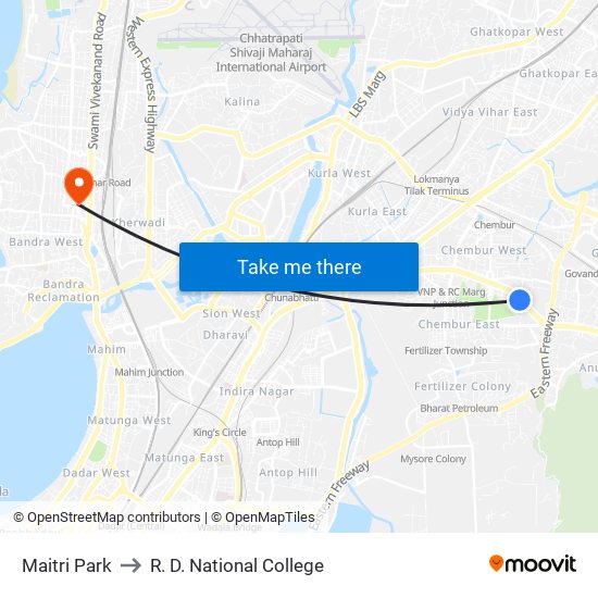 Maitri Park to R. D. National College map