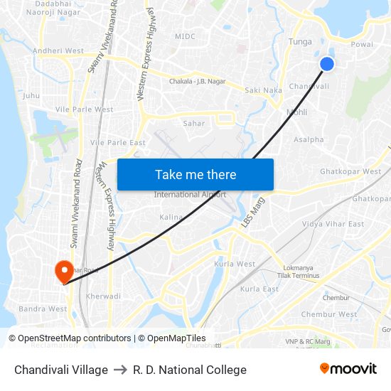 Chandivali Village to R. D. National College map