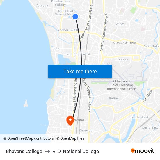 Bhavans College to R. D. National College map