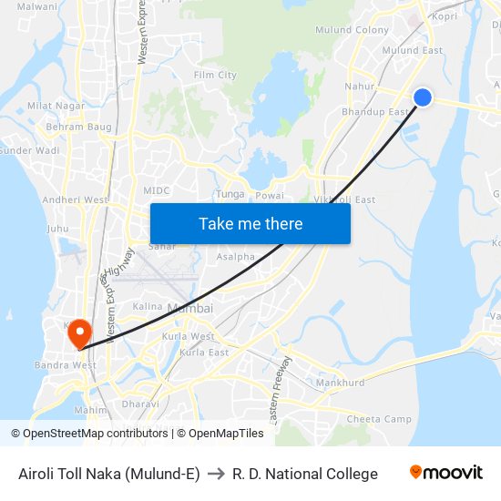 Airoli Toll Naka (Mulund-E) to R. D. National College map