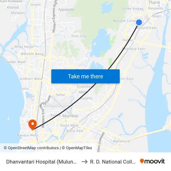 Dhanvantari Hospital (Mulund-W) to R. D. National College map