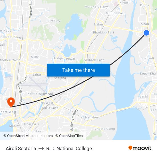 Airoli Sector 5 to R. D. National College map