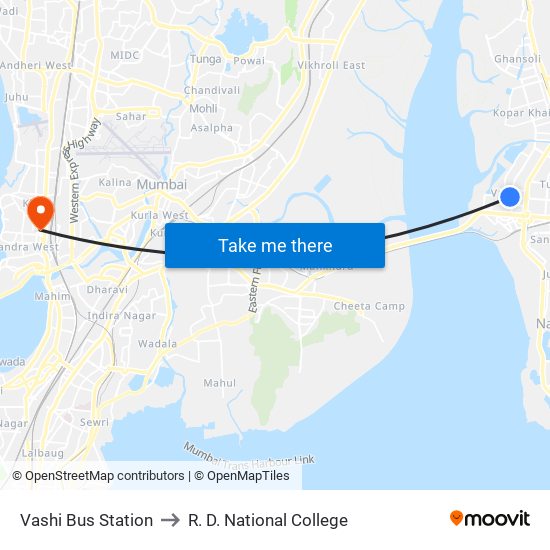 Vashi Bus Station to R. D. National College map