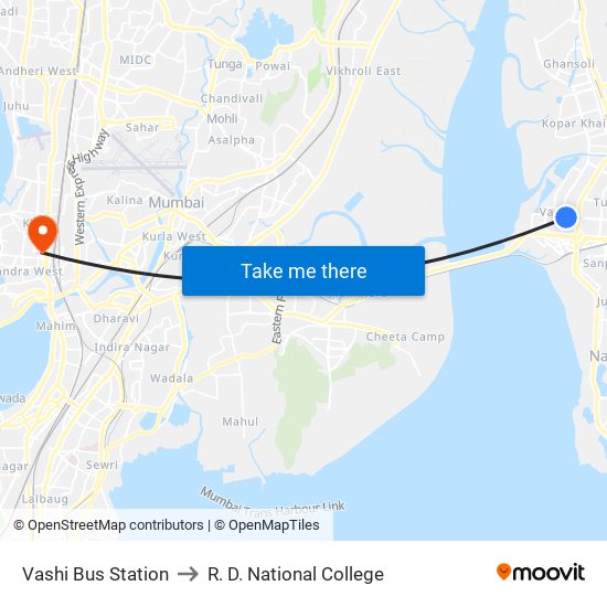 Vashi Bus Station to R. D. National College map