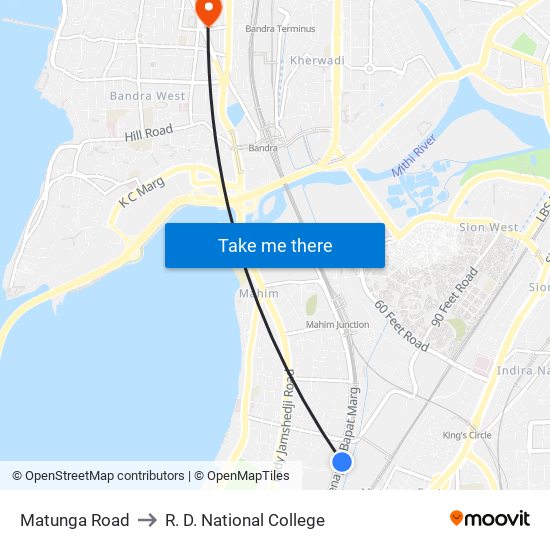 Matunga Road to R. D. National College map