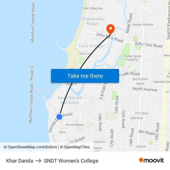 Khar Danda to SNDT Women's College map