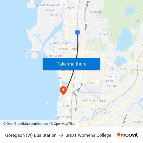 Goregaon (W) Bus Station to SNDT Women's College map