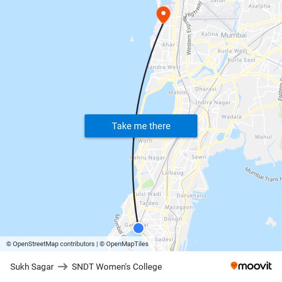 Sukh Sagar to SNDT Women's College map