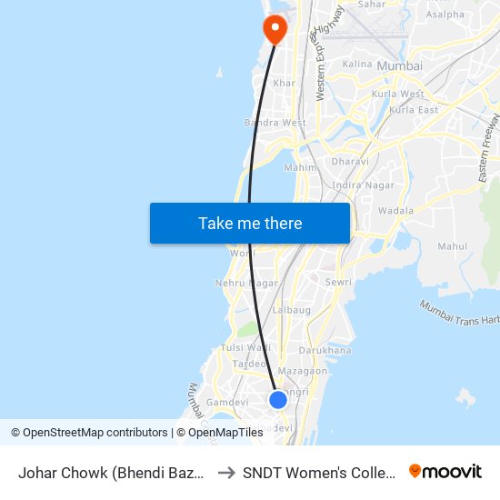 Johar Chowk (Bhendi Bazar) to SNDT Women's College map