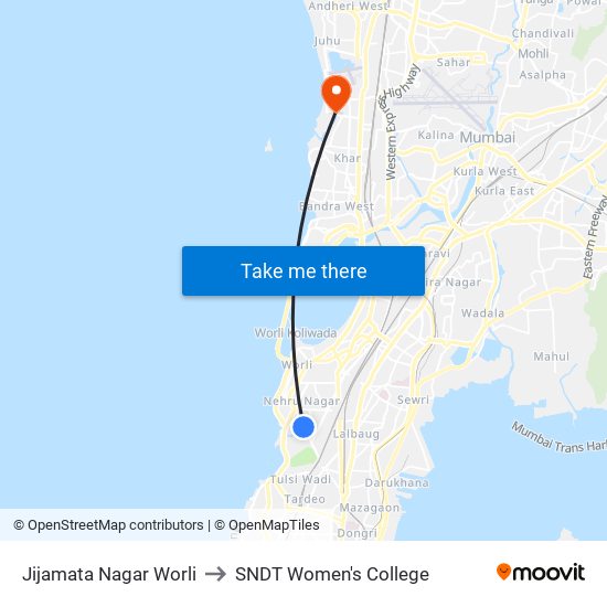 Jijamata Nagar Worli to SNDT Women's College map