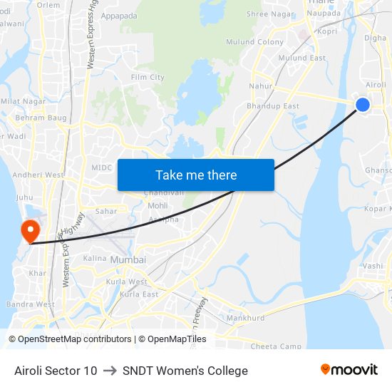 Airoli Sector 10 to SNDT Women's College map