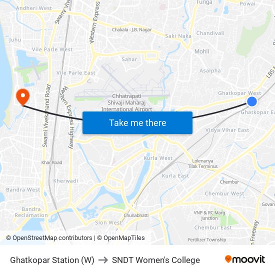 Ghatkopar Station (W) to SNDT Women's College map