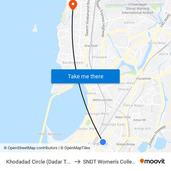 Khodadad Circle (Dadar T.T.) to SNDT Women's College map