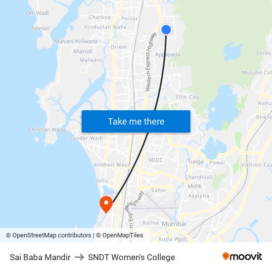 Sai Baba Mandir to SNDT Women's College map