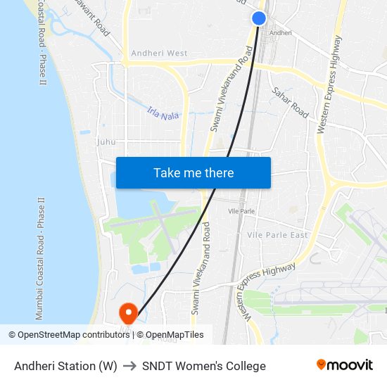 Andheri Station (W) to SNDT Women's College map