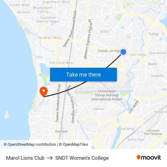 Marol Lions Club to SNDT Women's College map