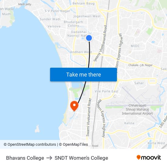 Bhavans College to SNDT Women's College map