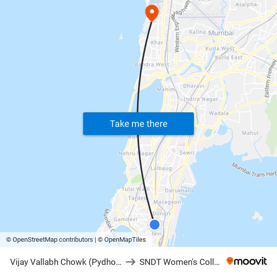 Vijay Vallabh Chowk (Pydhonie) to SNDT Women's College map