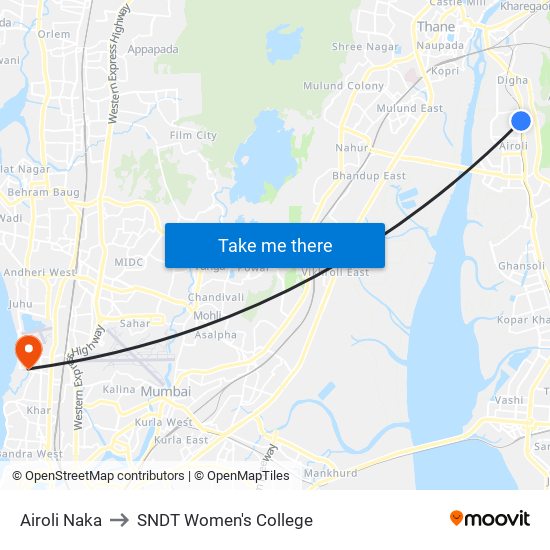 Airoli Naka to SNDT Women's College map