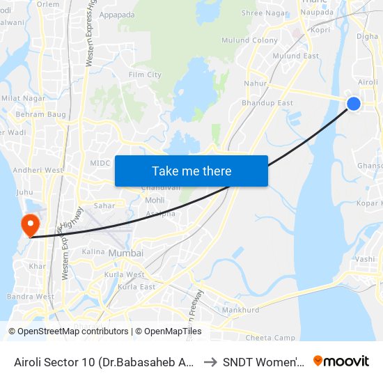 Airoli Sector 10 (Dr.Babasaheb Ambedkar Bhavan) to SNDT Women's College map