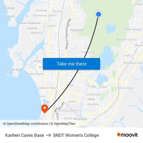 Kanheri Caves Base to SNDT Women's College map