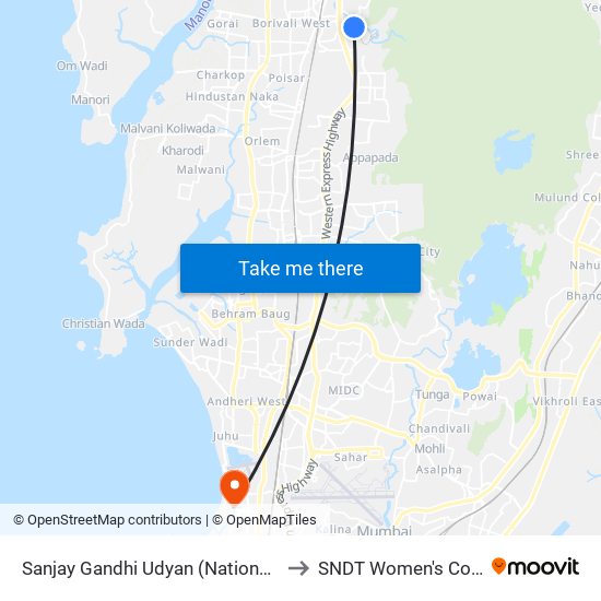 Sanjay Gandhi Udyan (National Park) to SNDT Women's College map