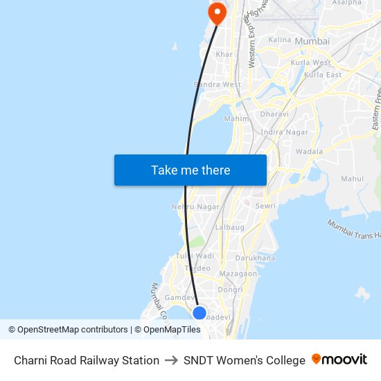 Charni Road Railway Station to SNDT Women's College map