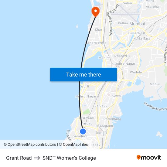 Grant Road to SNDT Women's College map