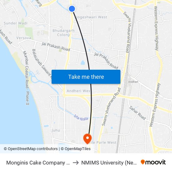 Monginis Cake Company (Andheri-W) to NMIMS University (New Building) map
