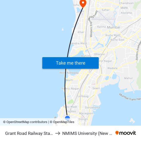 Grant Road Railway Station (W) to NMIMS University (New Building) map
