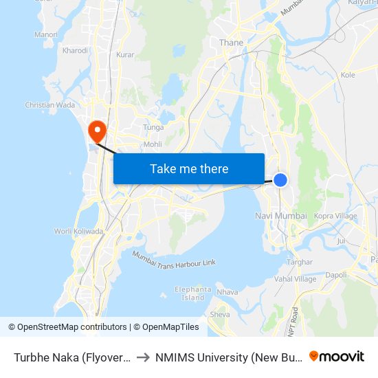 Turbhe Naka (Flyover End) to NMIMS University (New Building) map