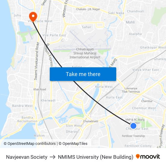 Navjeevan Society to NMIMS University (New Building) map