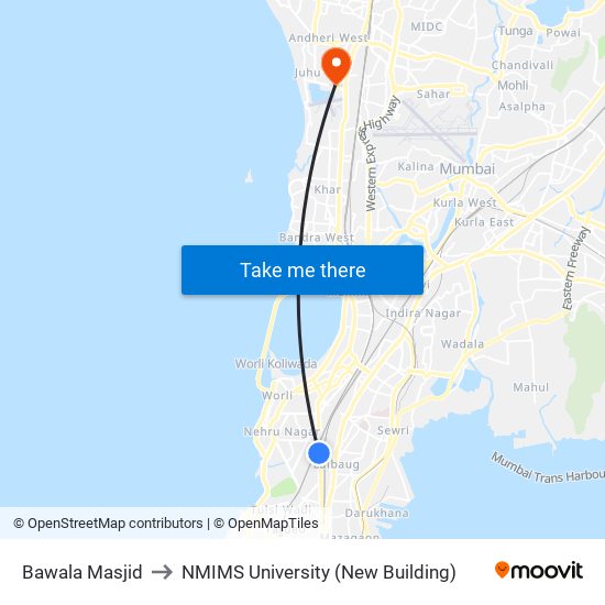 Bawala Masjid to NMIMS University (New Building) map