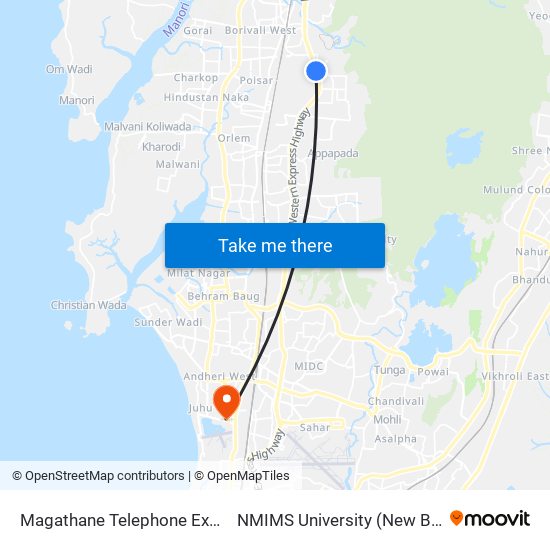 Magathane Telephone Exchange to NMIMS University (New Building) map