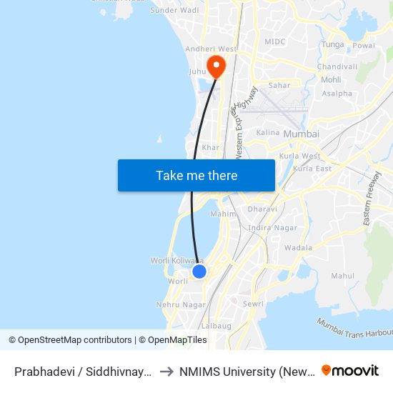 Prabhadevi / Siddhivnayak Mandir to NMIMS University (New Building) map