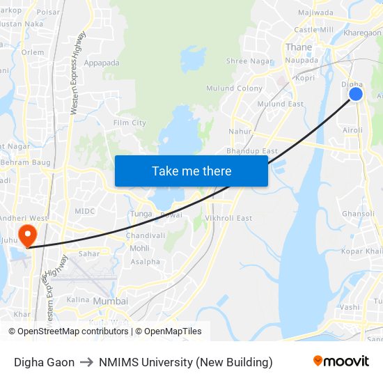 Digha Gaon to NMIMS University (New Building) map