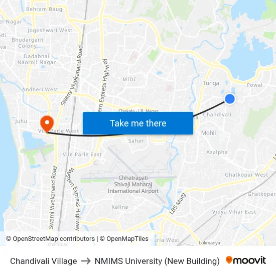 Chandivali Village to NMIMS University (New Building) map