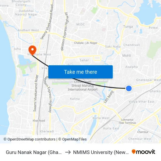 Guru Nanak Nagar (Ghatkopar W) to NMIMS University (New Building) map