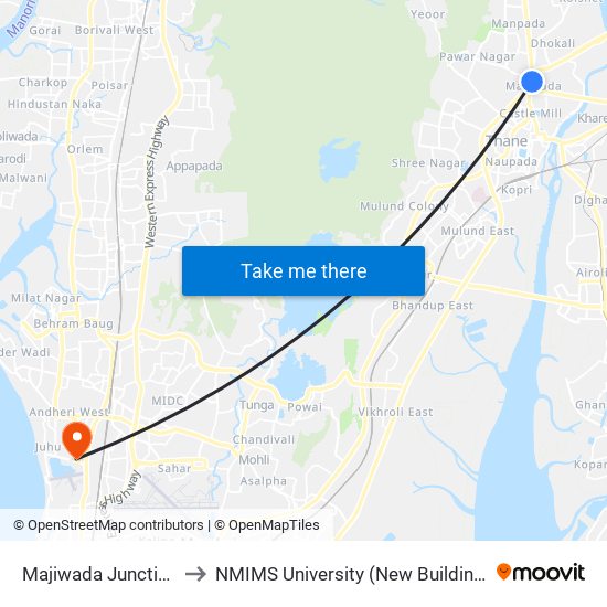 Majiwada Junction to NMIMS University (New Building) map