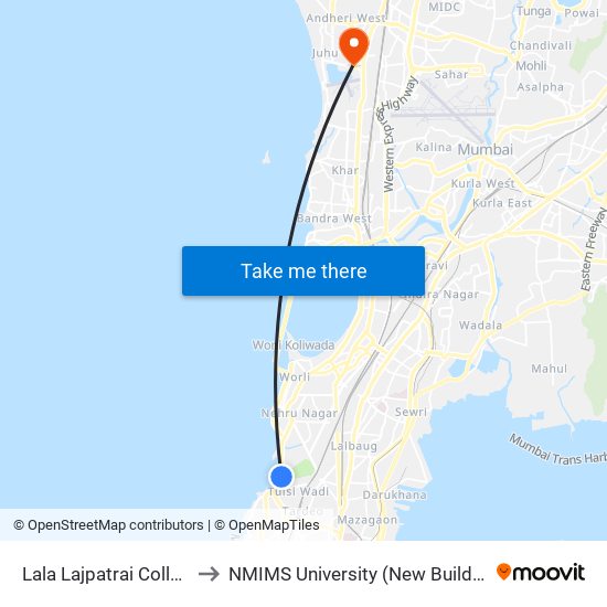 Lala Lajpatrai College to NMIMS University (New Building) map