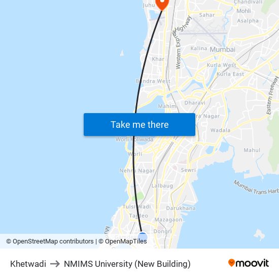 Khetwadi to NMIMS University (New Building) map