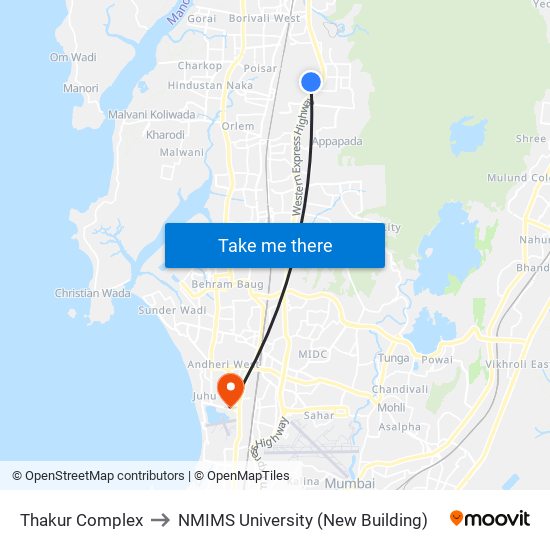 Thakur Complex to NMIMS University (New Building) map