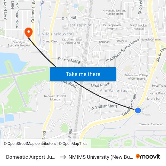 Domestic Airport Junction to NMIMS University (New Building) map