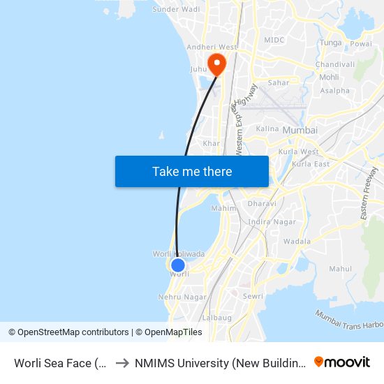 Worli Sea Face (N) to NMIMS University (New Building) map