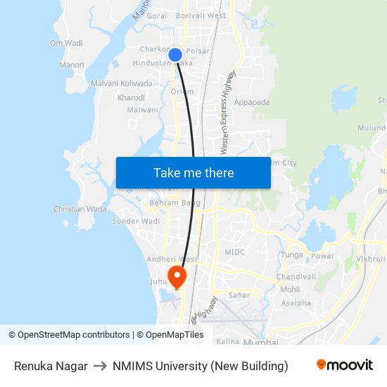 Renuka Nagar to NMIMS University (New Building) map