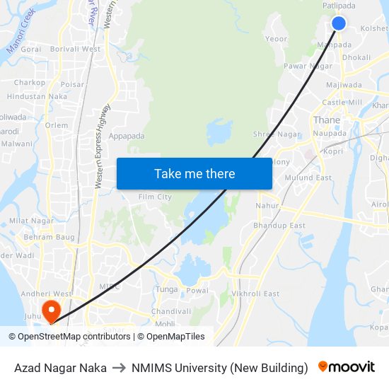 Azad Nagar Naka to NMIMS University (New Building) map