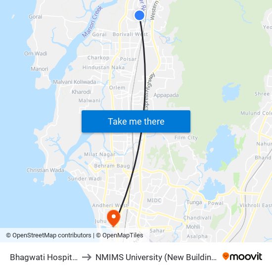 Bhagwati Hospital to NMIMS University (New Building) map